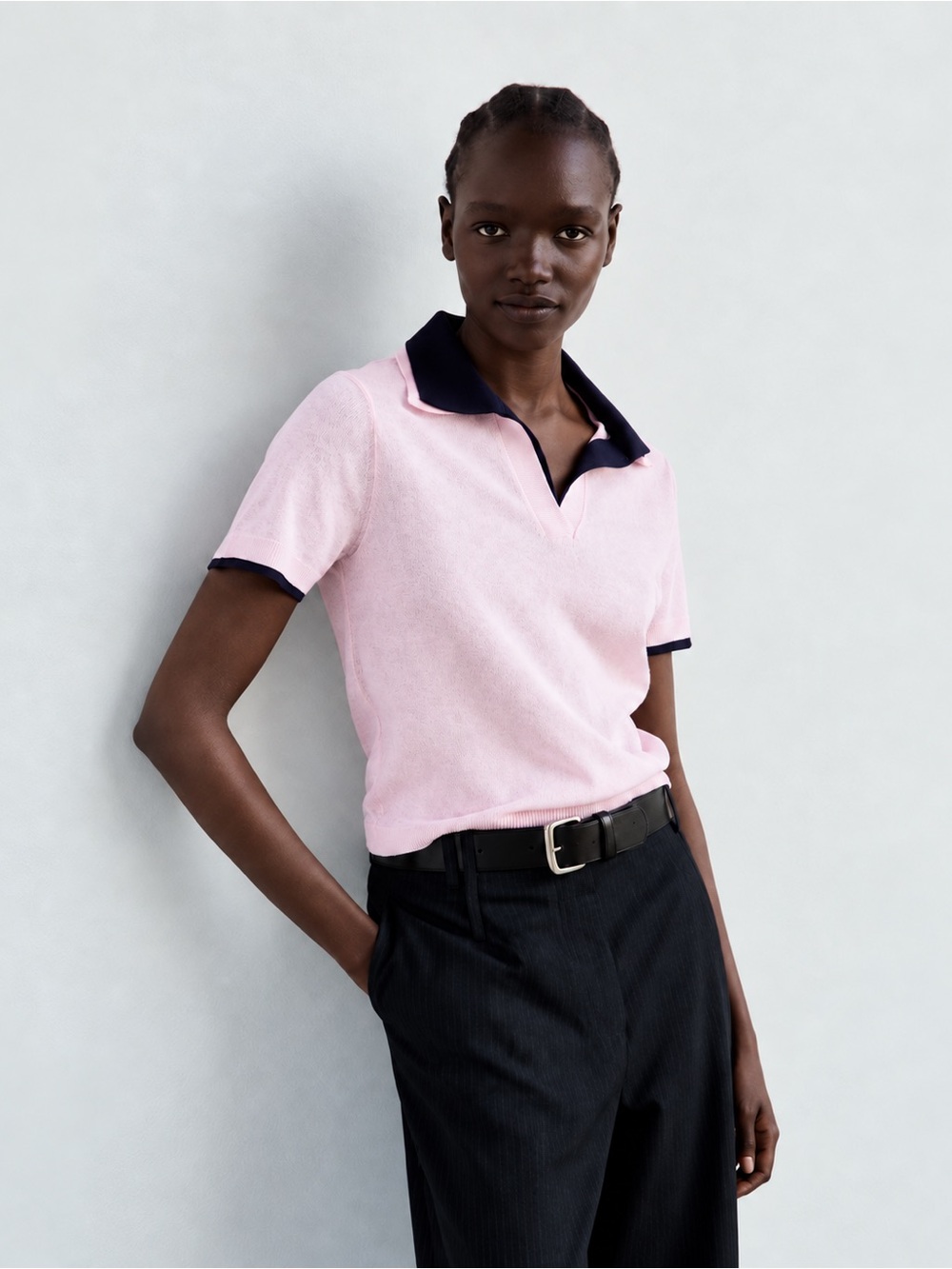 Mango Contrast Polo Neck Sweater - Pink/Navy